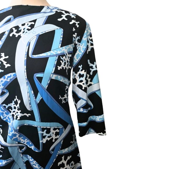 J. McLaughlin Catalina Dress Sage MEDIUM 3/4 Sleeve Blue White Geometric Coral - Picture 2 of 4